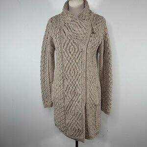 Aran Mor Long Claddagh Side Zip Cardigan Tan Chunky Knit Merino Wool Women